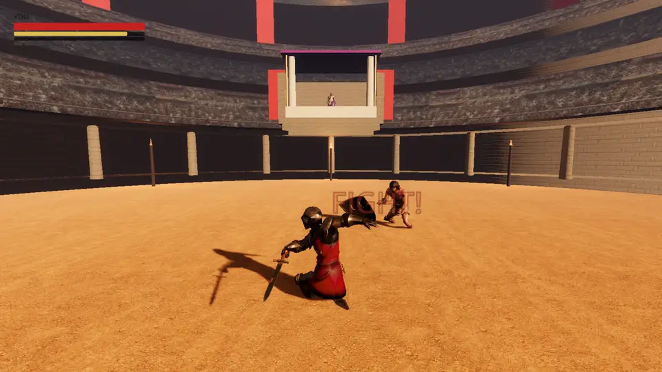 Live gameplay — a knight with sword and heater shield duels Spartacus
