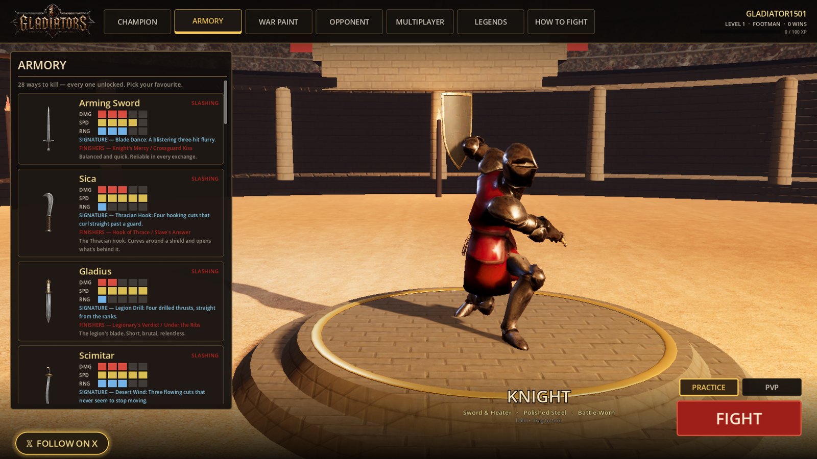 The armory — 28 weapons with signatures and finishers
