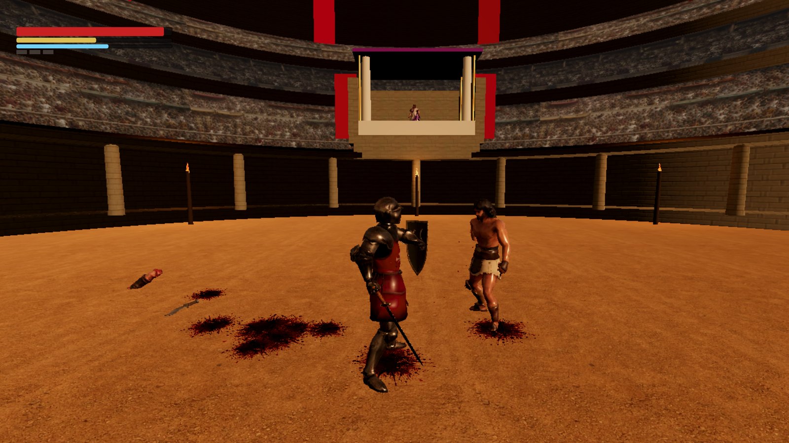 A severed arm on the sand as the knight faces Spartacus